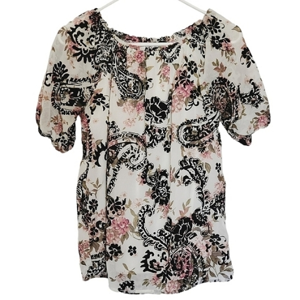 1318 * Retrology Velvet Paisly Floral Blouse Black White Pink Size S